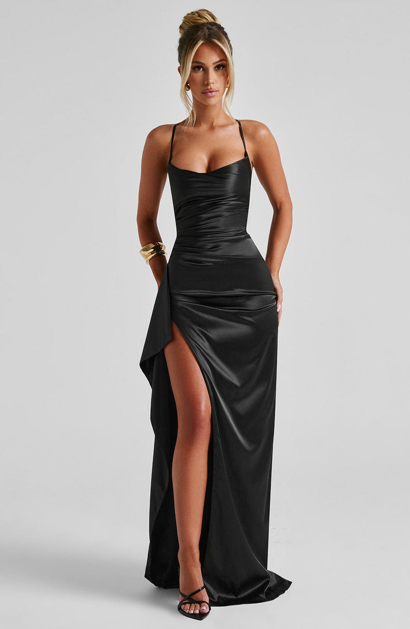 Helen | Twist Cowl Lace Up Satin Black Maxi Dress with Thigh Split