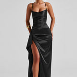 Helen | Twist Cowl Lace Up Satin Black Maxi Dress with Thigh Split