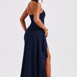 Isadora | High Neck Stretch Crepe Maxi Dress with Drape Split