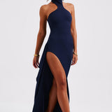 Isadora | High Neck Stretch Crepe Maxi Dress with Drape Split