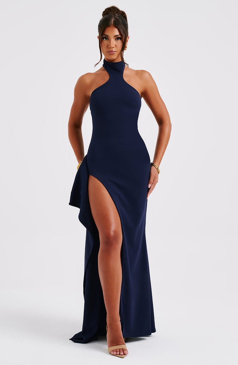 Isadora | High Neck Stretch Crepe Maxi Dress with Drape Split