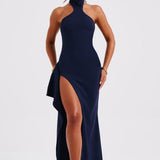 Isadora | High Neck Stretch Crepe Maxi Dress with Drape Split