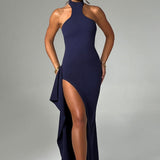 Isadora | High Neck Stretch Crepe Maxi Dress with Drape Split