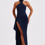 Isadora | High Neck Stretch Crepe Maxi Dress with Drape Split