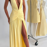 Melania | Women's Lemon Halterneck Maxi Dress with Thigh Split