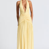 Melania | Women's Lemon Halterneck Maxi Dress with Thigh Split