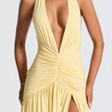 Melania | Women's Lemon Halterneck Maxi Dress with Thigh Split