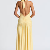 Melania | Women's Lemon Halterneck Maxi Dress with Thigh Split