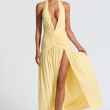 Melania | Women's Lemon Halterneck Maxi Dress with Thigh Split