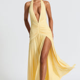 Melania | Women's Lemon Halterneck Maxi Dress with Thigh Split