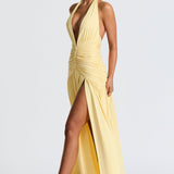 Melania | Women's Lemon Halterneck Maxi Dress with Thigh Split