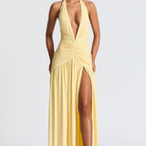 Melania | Women's Lemon Halterneck Maxi Dress with Thigh Split