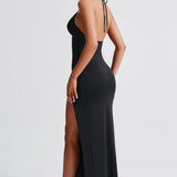 Kesha | Black Halter Neck Maxi Dress with High Split