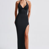 Kesha | Black Halter Neck Maxi Dress with High Split