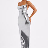 Vivienne | Gunmetal Metallic Maxi Dress – Backless Evening Gown
