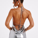Vivienne | Gunmetal Metallic Maxi Dress – Backless Evening Gown