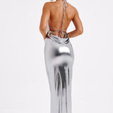 Vivienne | Gunmetal Metallic Maxi Dress – Backless Evening Gown